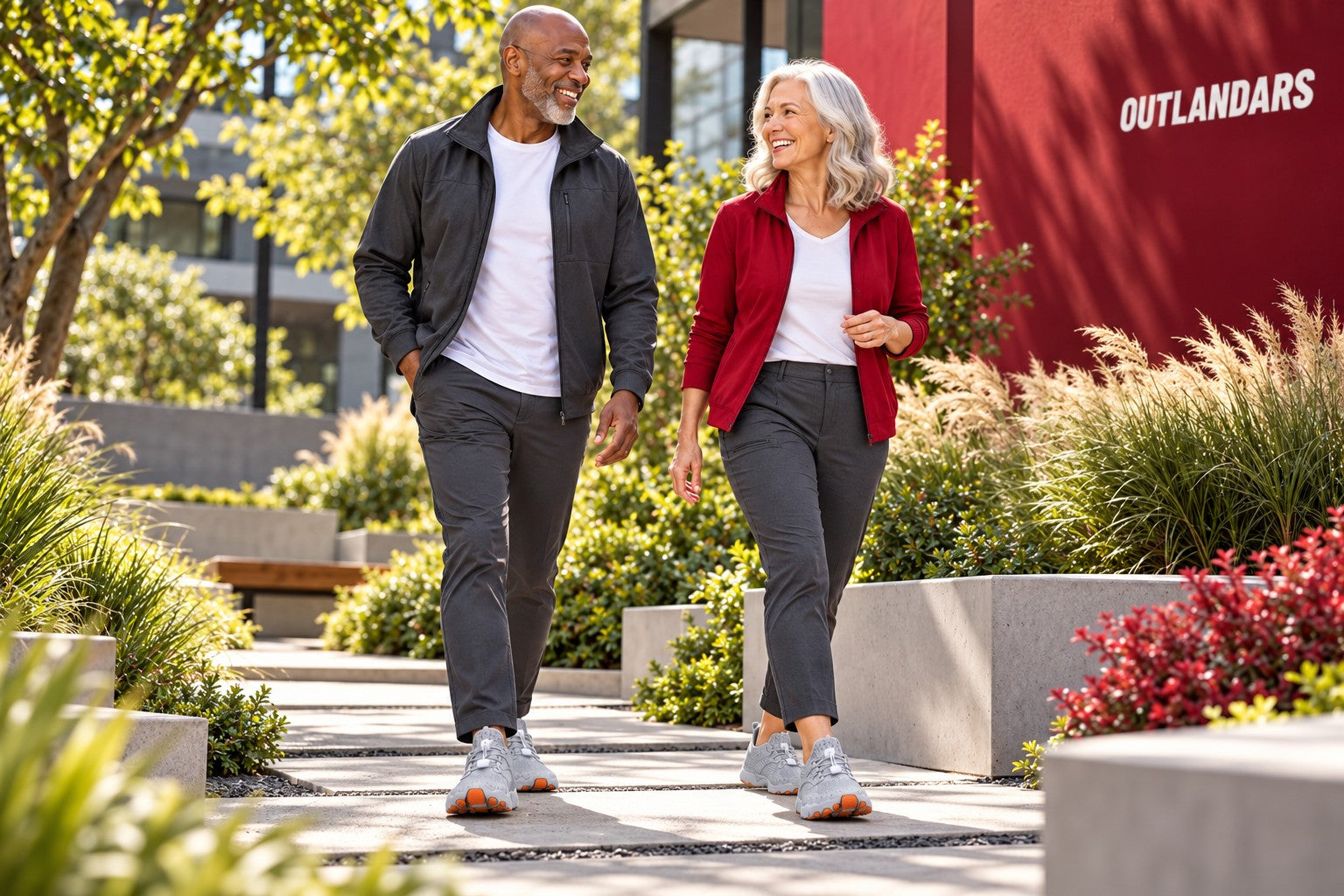 Illustrative adult models walking together in Relief Walker barefoot shoes