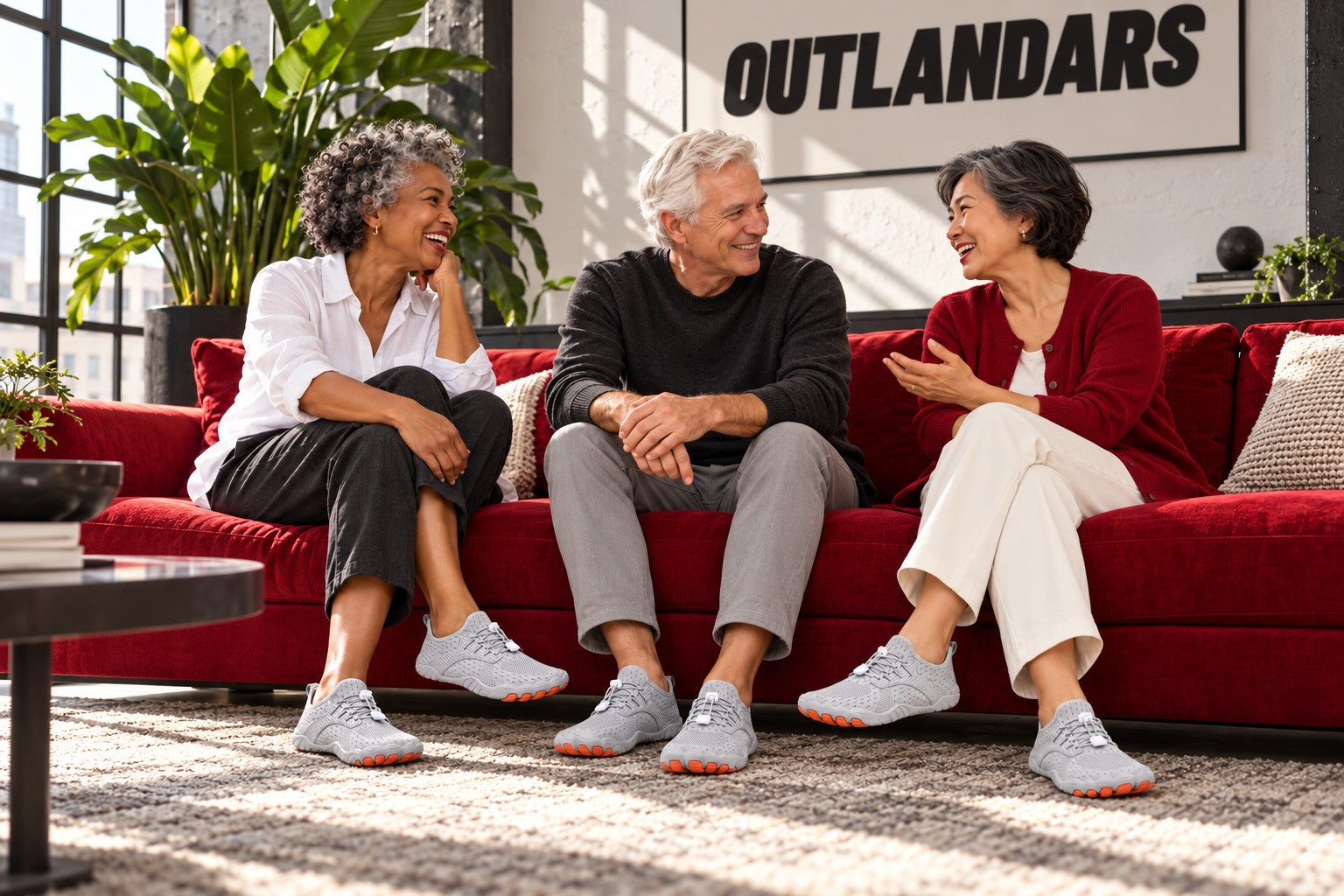 Illustrative adult models wearing Outlandars Relief Walker shoes in a branded campaign scene