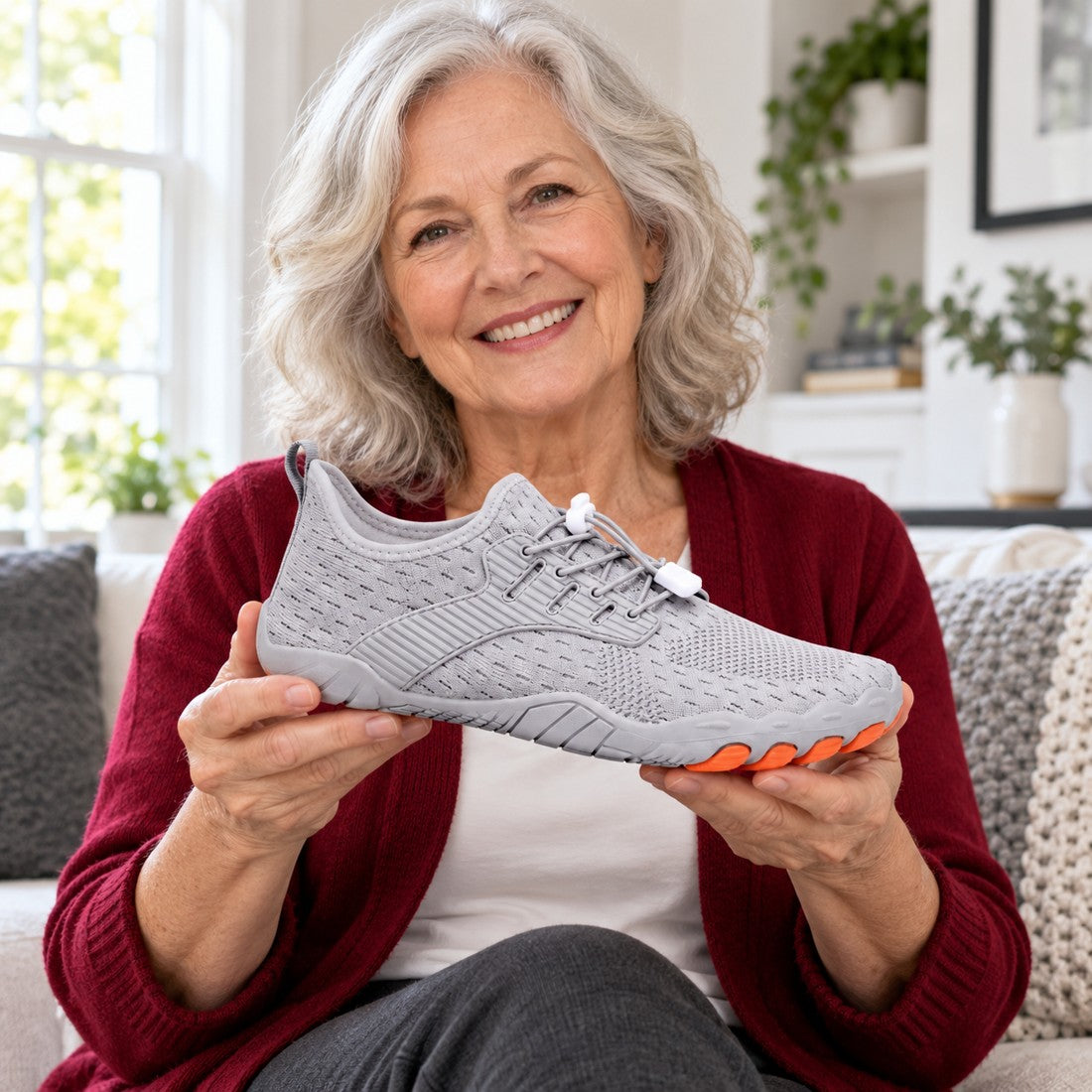 An illustrative older woman model holding the grey Relief Walker shoe