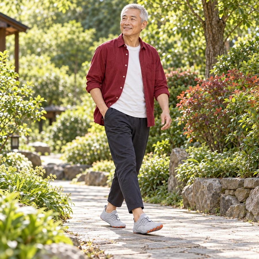 A fictional adult man model wearing Relief Walker shoes outdoors