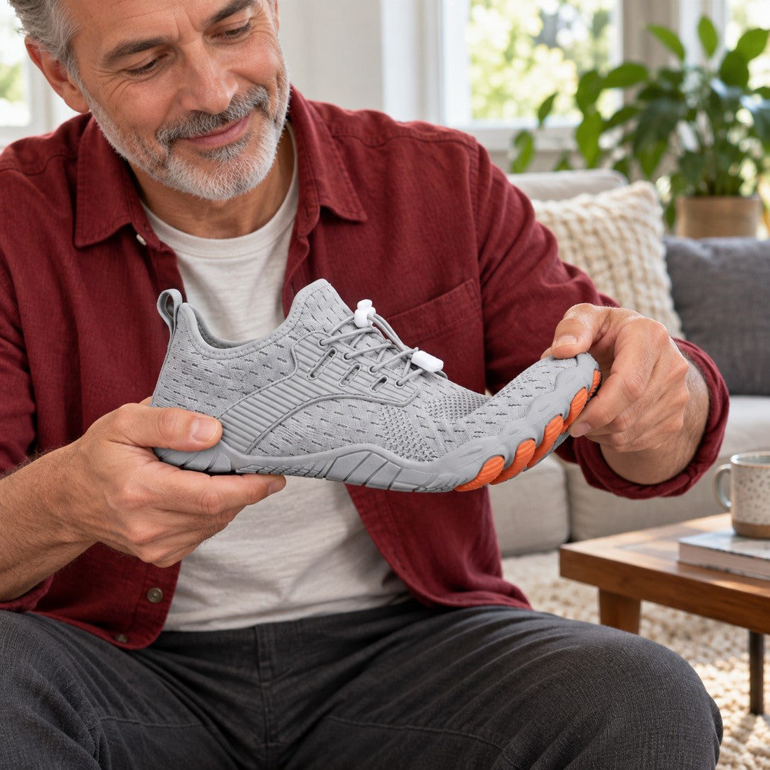 A man at home gently flexing the forefoot of Relief Walker
