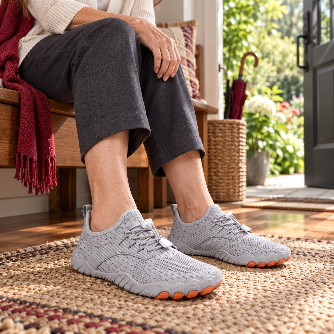 Roomy Relief Walker shoes worn beside an open home doorway
