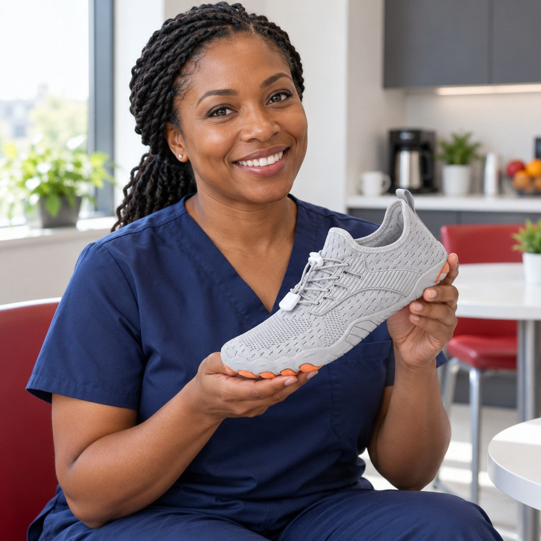 An illustrative nurse model holding the grey Relief Walker shoe