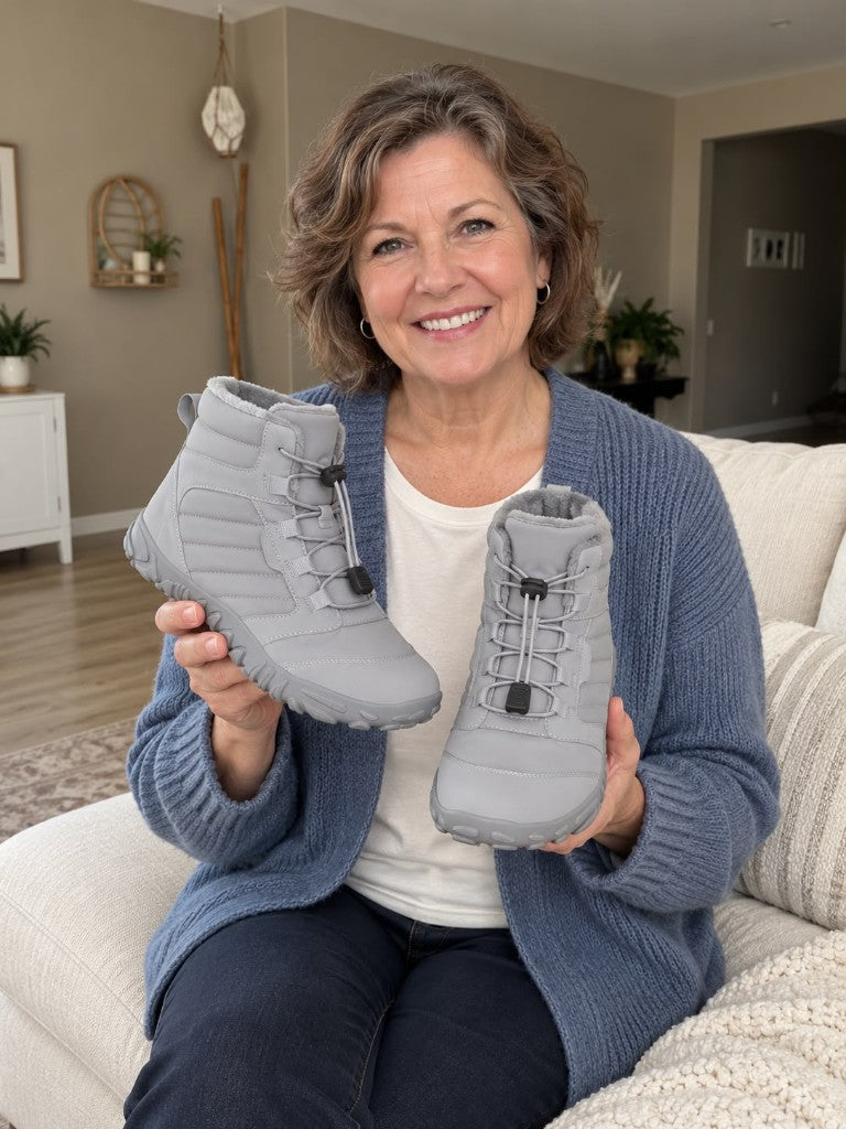 Helen holding grey insulated boots with a lace toggle