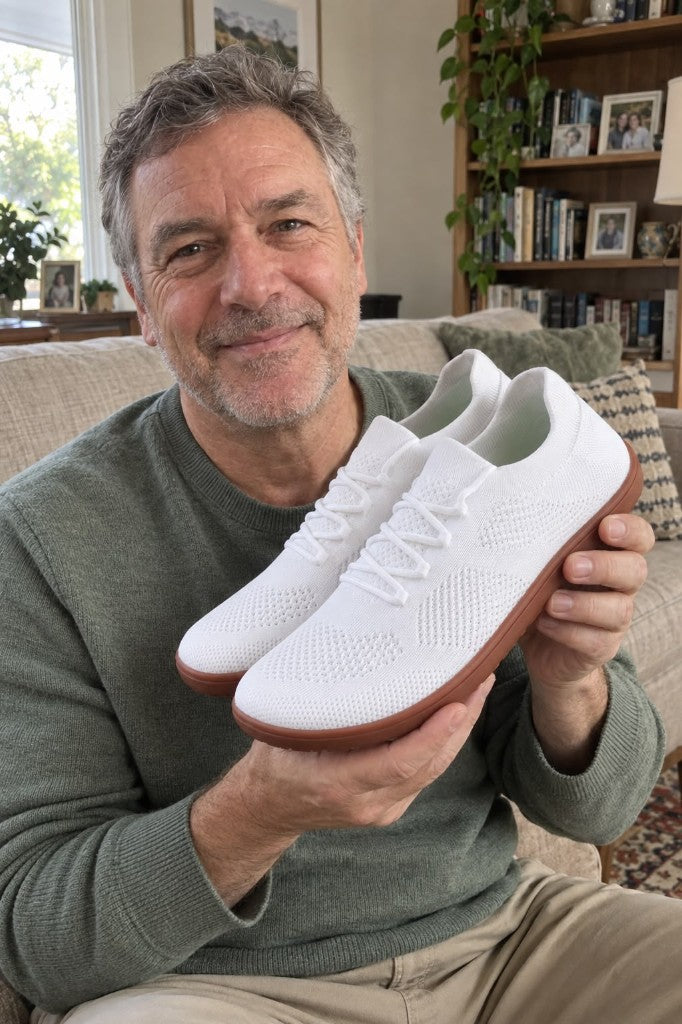 Robert holding a white knit sneaker with a gum sole