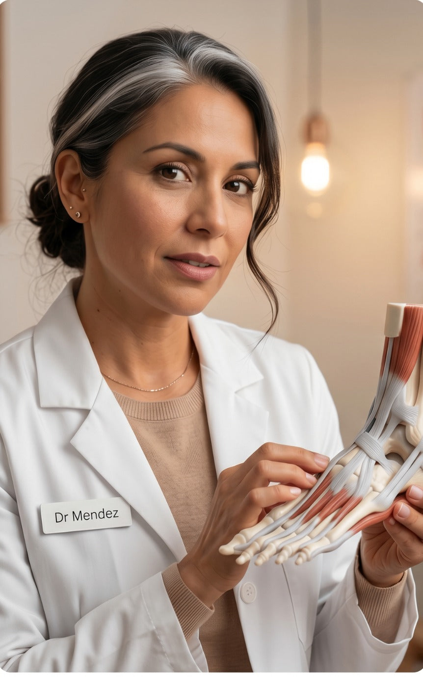 Podiatrist examining a model of the foot's anatomy