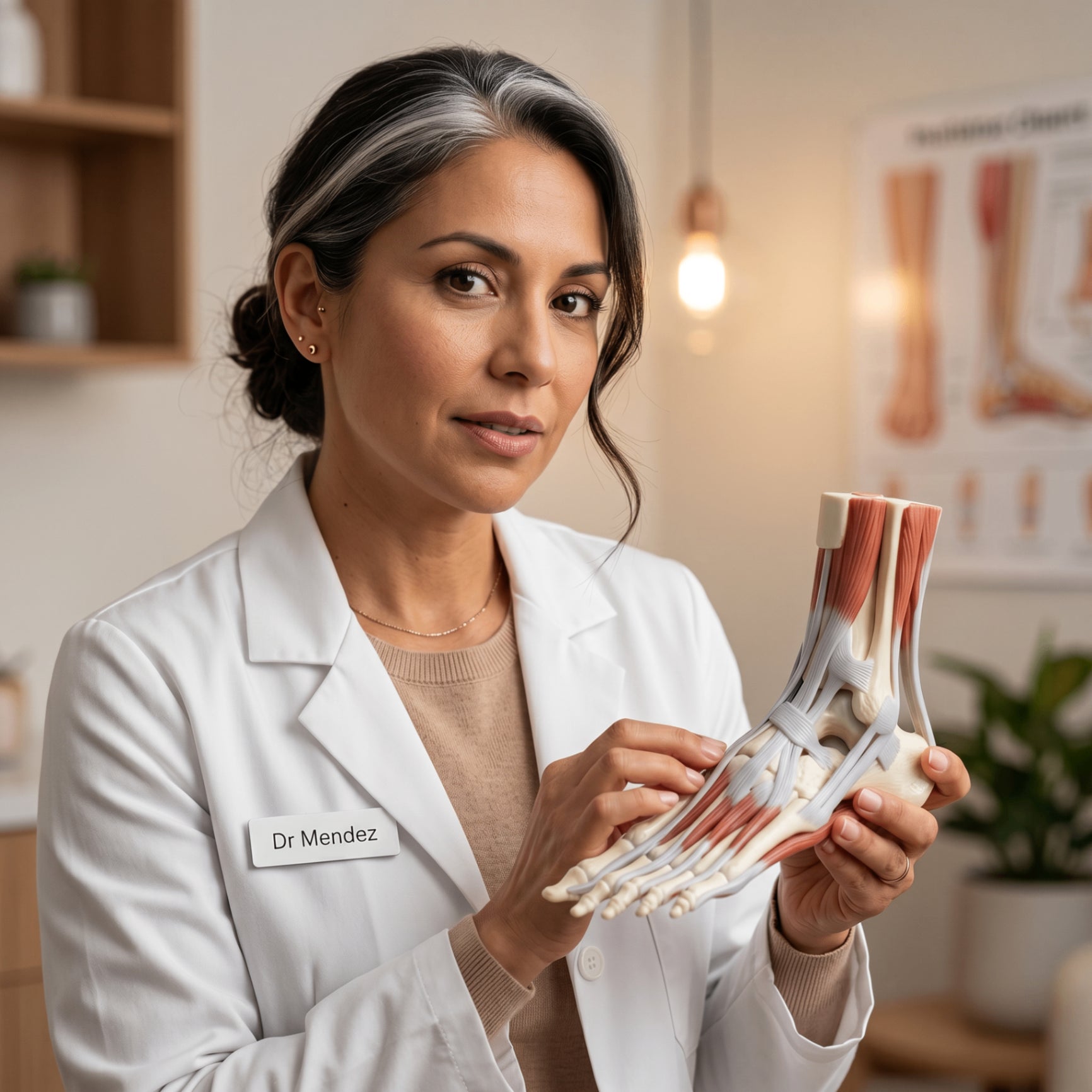 Doctor holding an anatomical model of a human foot